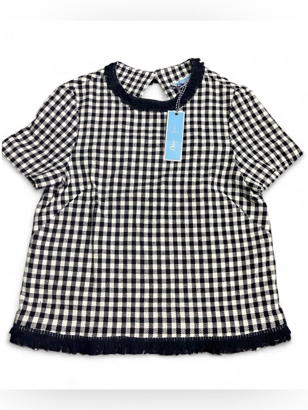 NWT Draper James Black White Gingham Check Fringe Trim Keyhole Top Size 6